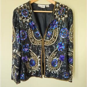 Vintage Laurence Kazar Women's Silk Sequined Blazer XL Jacket Evening Colorful